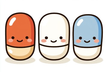 Poster - Charming and minimalistic illustration of three capsule characters with smiling faces set against a white background symbolizing unity and simplicity in healthcare