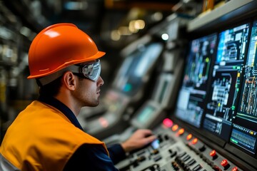 An engineer wearing an orange helmet is intently controlling complex machinery, showcasing concentration and expertise in a commercial environment