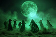 © Duckai - Witches under the Green Moon perform dark magic, their figures silhouetted against the green sky on Halloween night