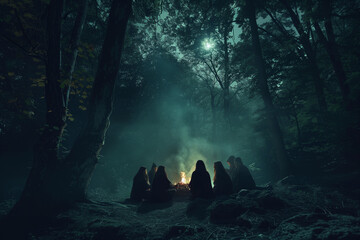 coven in the woods gathers at midnight to perform dark magic rituals under the eerie light of the mo
