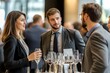 © Elmira - Attendees in semiformal attire enjoy discussing while holding wine glasses at a networking event in a modern venue