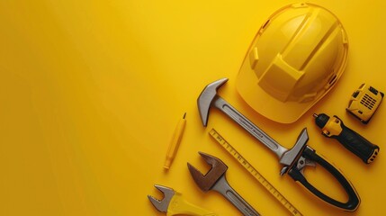 Poster - Yellow hard hat, hammers, and other tools stored on a yellow surface