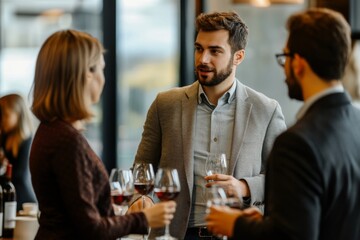 Professionals in semiformal attire engage in lively conversation while holding wine glasses at a networking event in an elegant venue