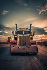 Wall Mural - A semi truck parked on the side of the road, possibly broken down or taking a break