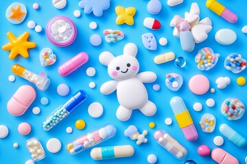 Sticker - Playful and lively illustration of various pill and capsule characters with smiling faces set against a blue background symbolizing joy and creativity in healthcare