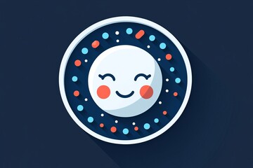 Sticker - Charming and minimalistic illustration of a pill character surrounded by dotted circles set against a dark background symbolizing simplicity and unity in healthcare