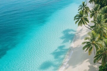 Crystal-clear turquoise waters meet a sandy shore lined with lush palm trees under bright sunshine in this serene coastal lagoon