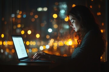 Poster - A woman types on her laptop in a dim office, absorbed in her work late at night with city lights glowing outside the window
