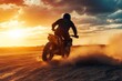 © Elmira - A motorcyclist navigates a rugged desert terrain at sunset, creating a cloud of dust as the sun sets behind dramatic clouds