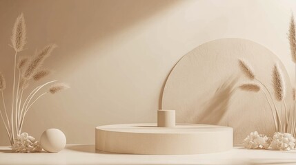 Poster - 3D brown creamy podium with a modern minimal design in a studio setting Abstract geometric shape illustration for showcasing cosmetic and fashion products in natural tones