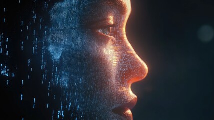 Poster - 3D illustration of a human face with abstract dawn lighting and a stream of numbers representing themes of machine learning modern technology education and computing