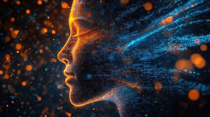 Poster - 3D illustration of a human face with abstract dawn lighting and a stream of numbers representing themes of machine learning modern technology education and computing