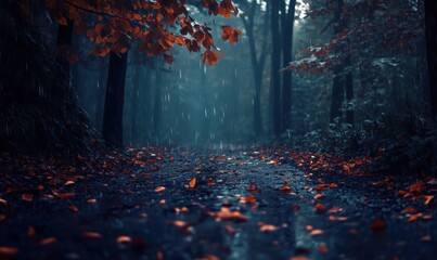 Wall Mural - a forest path is wet from rain and has fallen leaves on the ground
