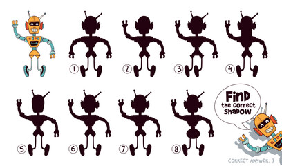 Wall Mural - Find the correct shadow. Funny cartoon character retro robot. Choose right silhouette. Educational game for kids. Attention task. Worksheet page. Activity book. Isolated vector illustration. Set