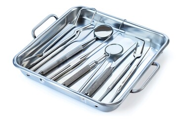 Canvas Print - A collection of surgical tools arranged in a metal tray, ready for use