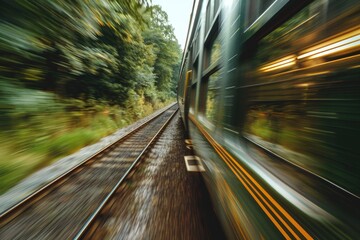 Poster - A blurry image of a train moving along the railway tracks