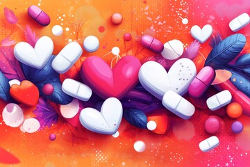 Sticker - Heart Shaped Capsules and Pills on a Pink Background Representing Love and Care in Healthcare and Modern Medicine