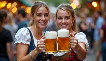 Female friends in traditional dirndl dress celeberating with beer at oktoberfest