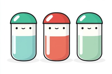 Sticker - Minimalistic Cartoon Capsules in Red Green and Blue on a White Background Representing Simplicity and Modernity in Healthcare and Medicine