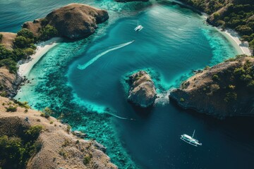 Poster - Aerial view of a boat floating on calm water