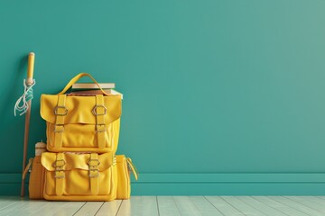 Poster - A pair of yellow backpacks leaning against a green wall, ready for adventure