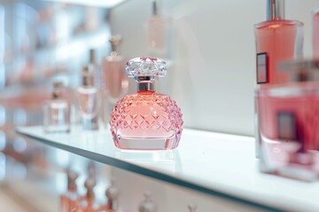 Poster - A pink perfume bottle sits on a glass shelf, perfect for beauty or luxury product photography