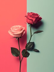 Wall Mural - A visually striking image of two roses, one pink and one red, against contrasting backgrounds of coral and mint green.