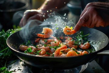 Wall Mural - Person cooking shrimp in a wok for a meal