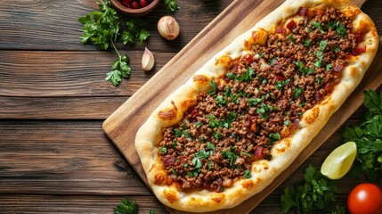 Wall Mural - Turkish pide: a flatbread pizza made in Turkey with minced meat and a wooden backdrop