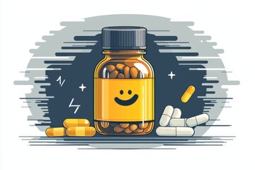 Sticker - Whimsical Cartoon Medicine Bottle with Lightning Bolt on a Dark Background Representing Energy and Positivity in Healthcare