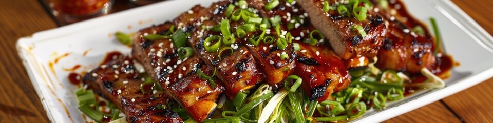 Poster - Grilled pork cartilage accompanied by a spicy red sauce on a bed of green onion salad