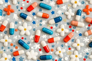 Sticker - Dynamic and Colorful Array of Capsules and Pills Scattered on a Light Background Representing Diversity and Energy in Modern Medicine