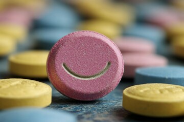 Poster - Colorful and Happy Smiling Face Among a Sea of Pills Representing Positivity and Joy in Modern Medicine on a Soft Background