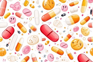 Poster - Playful and Creative Pattern of Capsules and Pills on a White Background Highlighting the Joyful Side of Healthcare