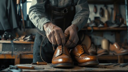 a person tying the laces on a pair of brown shoes, indoors