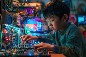 Poster - A young boy sits in front of a computer screen playing an online game, with a focused expression