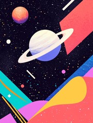 Wall Mural - A vibrant cosmic scene featuring planets and abstract shapes against a starry background.