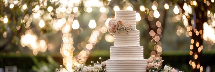 Sticker - An elegant three-tier wedding cake, beautifully decorated with delicate white frosting and subtle blush pink flowers, is showcased under a soft white fairy light canopy in an outdoor daytime setting.