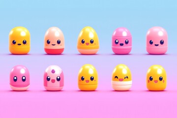 Poster - Adorable pill characters with smiling faces in rows on a pink and blue background symbolizing harmony and joy in a cute and minimalist design