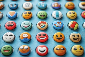 Sticker - Array of colorful pills with various emoticon faces capturing the diversity of emotions in a playful and expressive design