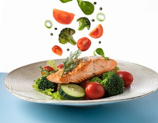 Wall Mural - floated Grilled salmon on fresh vegetables falling into a plate