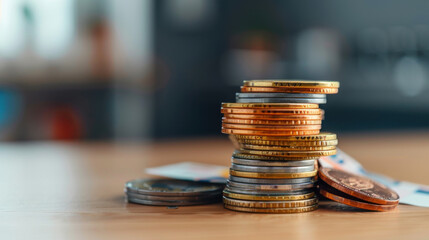 Wall Mural - Close-up of a stack of various coins placed on a wooden surface, representing savings, investment, or currency.