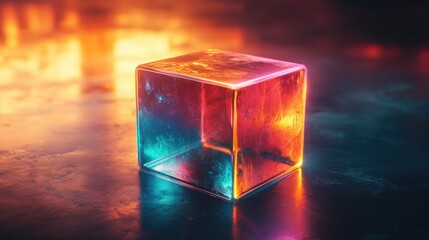 Wall Mural - Abstract Neon Cube with Glowing Light Reflection on Dark Background