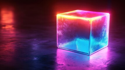 Poster - Neon Glowing Cube with Blue and Pink Light on Dark Background