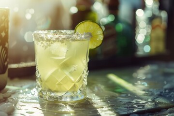 Poster - A close-up shot of a drink in a glass on a table, ideal for use in food and beverage advertising or lifestyle photography