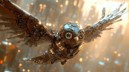 Sticker - Mechanical Owl with Glowing Eyes in a Futuristic City