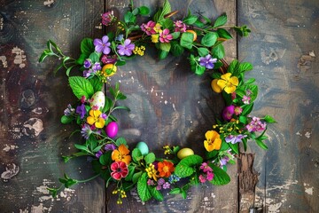 Poster - A decorative wreath made of flowers and eggs on a wooden table, perfect for spring or Easter-themed designs