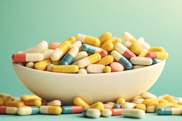 Canvas Print - Overflowing bowl of colorful pills on a light background representing abundance health and variety in medication through a vibrant and cheerful composition