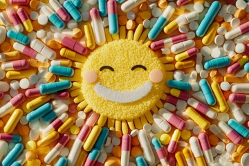 Poster - Smiley face made of colorful pills radiating outwards representing positivity health and happiness in a vibrant and creative design full of energy