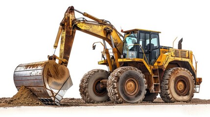 Poster - A large yellow bulldozer sits atop a mound of excavated earth, ready for its next project